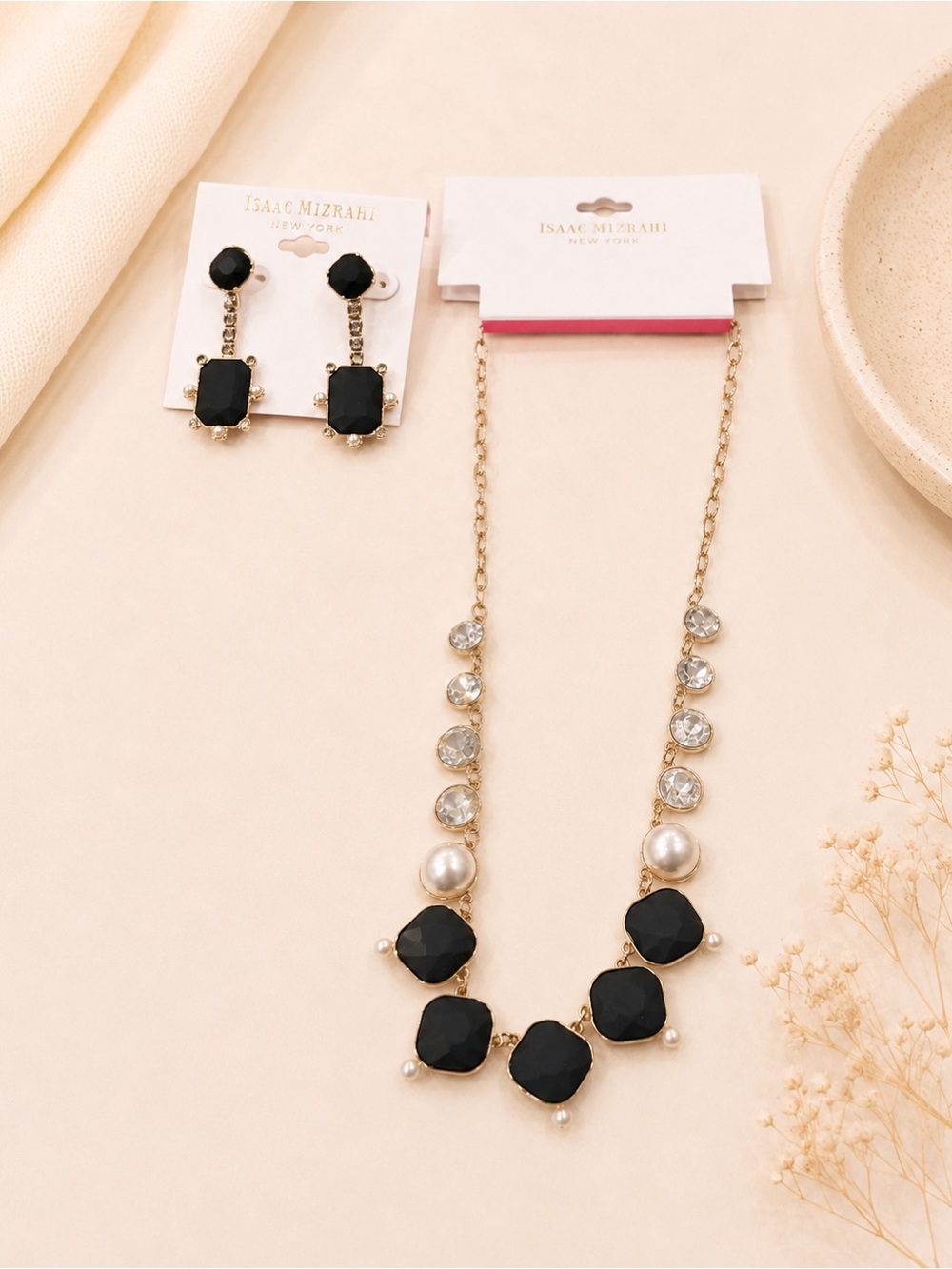 Isaac Mizrahi Black glam necklace crystal luxe Necklace dangle Drop Earrings